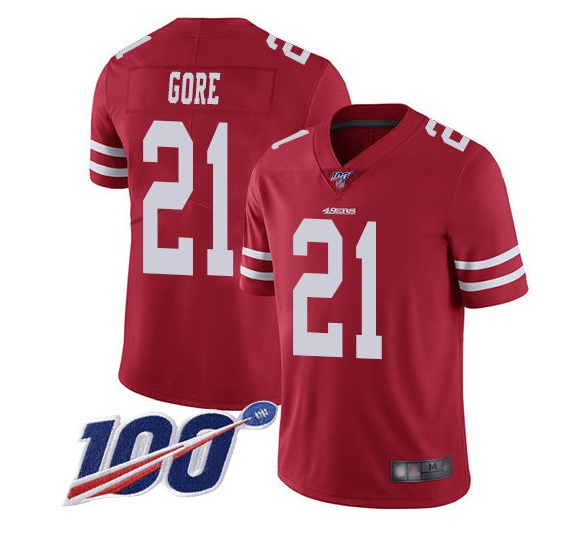 Men's San Francisco 49ers #21 Frank Gore Red White 100th Patch Stitched Jersey